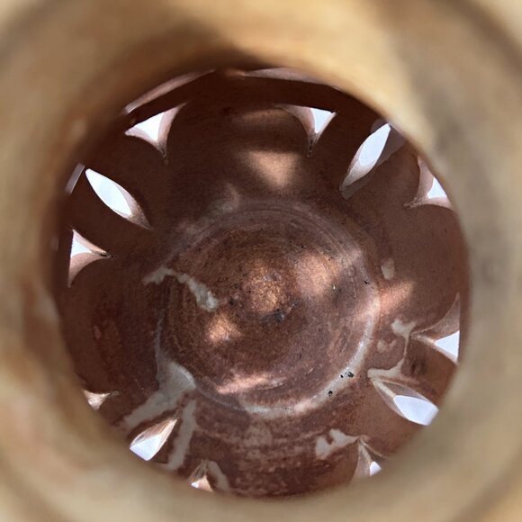 Walt Glass Art Pottery Signed Desert Brown Drip Cut Out Candle Holder Luminary - Picture 12 of 14